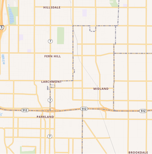 Map showing neighborhoods including Hillsdale, Fern Hill, Larchmont, Midland, Parkland, and Brookdale with highways 7 and 512
