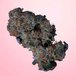 A close-up photograph of a dense cannabis bud with visible orange pistils and a frosty layer of trichomes against a soft pink gradient background.