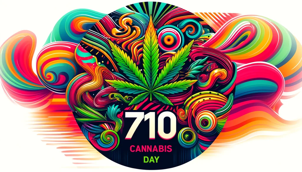 Colorful psychedelic artwork featuring a cannabis leaf with the text 710 Cannabis Day