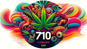 Colorful psychedelic artwork featuring a cannabis leaf with the text 710 Cannabis Day