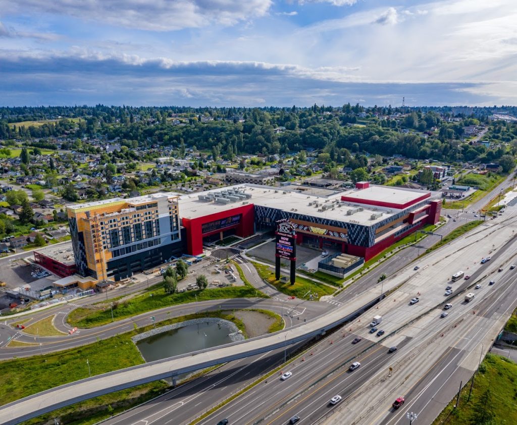 Aerial view of Emerald Queen Casino and hotel complex next to the highway in Tacoma, Washington