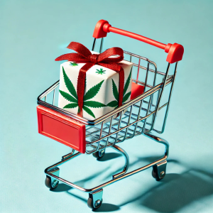 A small shopping cart with a gift box inside, decorated with green leaf patterns and tied with a red ribbon, against a light blue background.