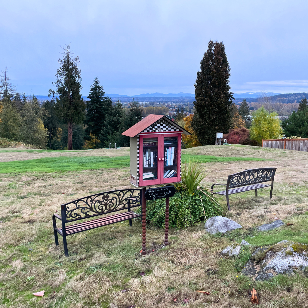 A small outdoor community bookshelf shaped like a miniature house with a red roof and glass doors, filled with books. It is situated on a grassy area with two decorative metal benches nearby and trees and hills in the background under a cloudy sky